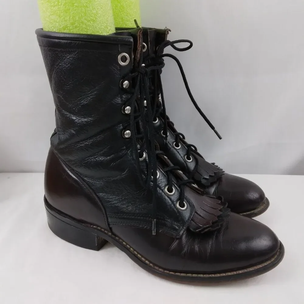 Laredo Kiltie Boots 2-Tone Black Brown Leather Lace Up Steampunk Women's 6.5 M - Picture 1 of 16